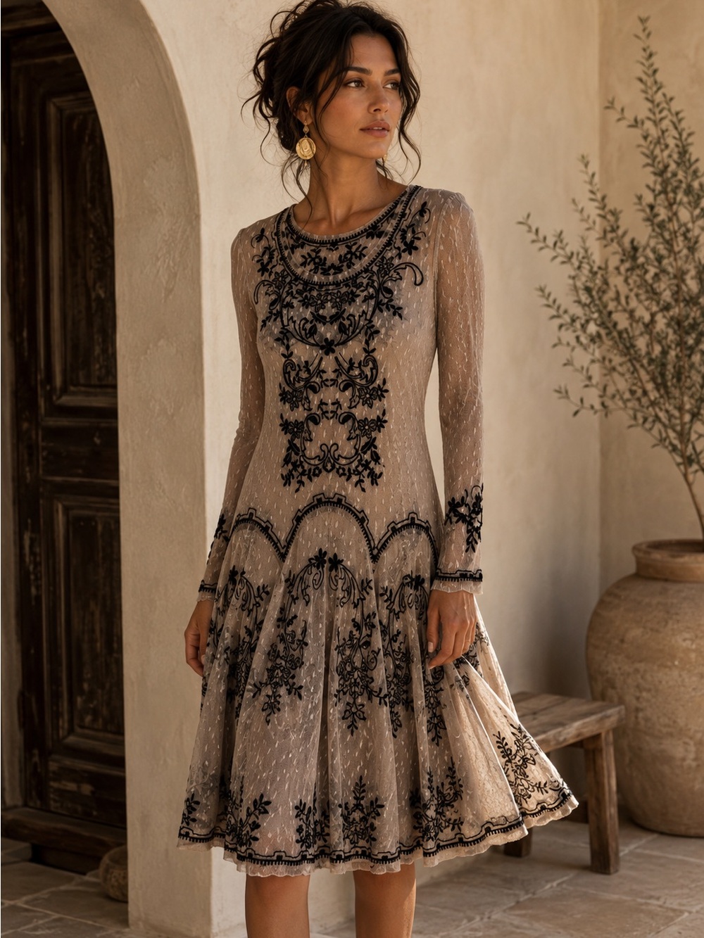BIYA Johny Was Y2K Embroidered Mesh Dress Beige Black Medium Boho Fairy Grunge